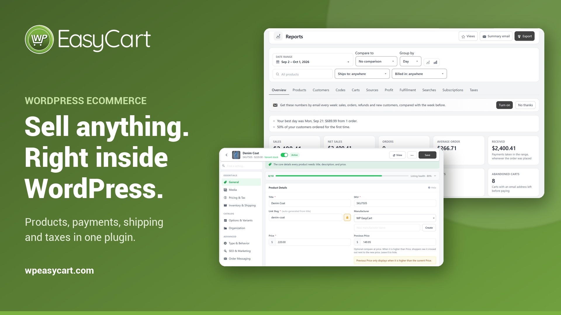 WP EasyCart admin: reports and product editor