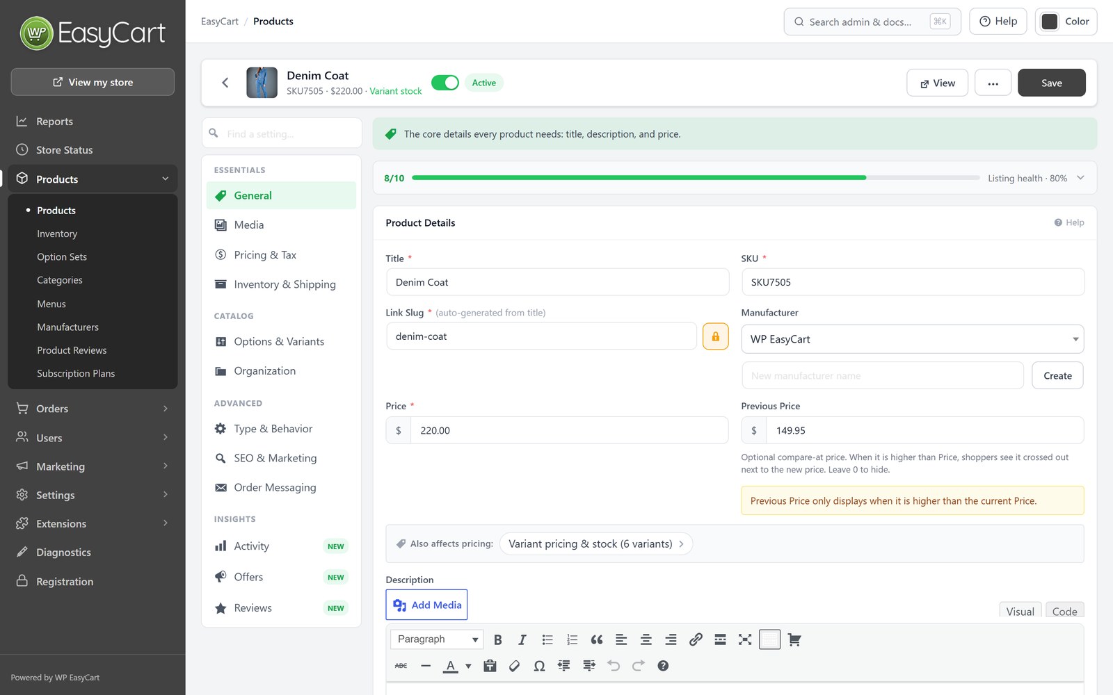 Product editor with options and health score