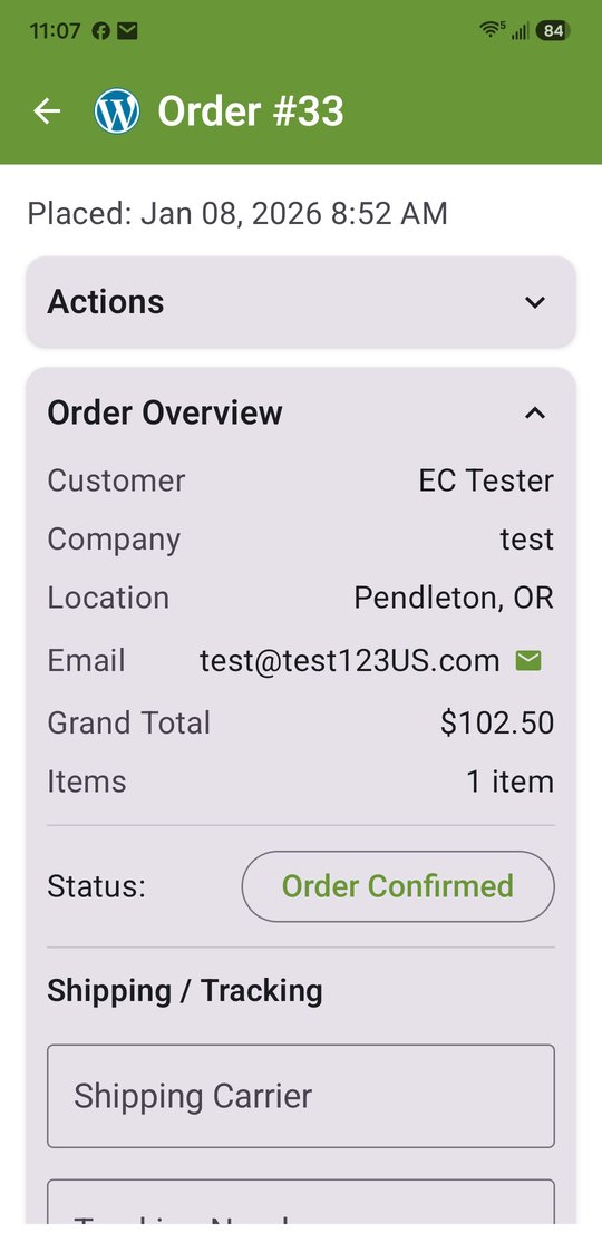 WP EasyCart app order details with status and tracking