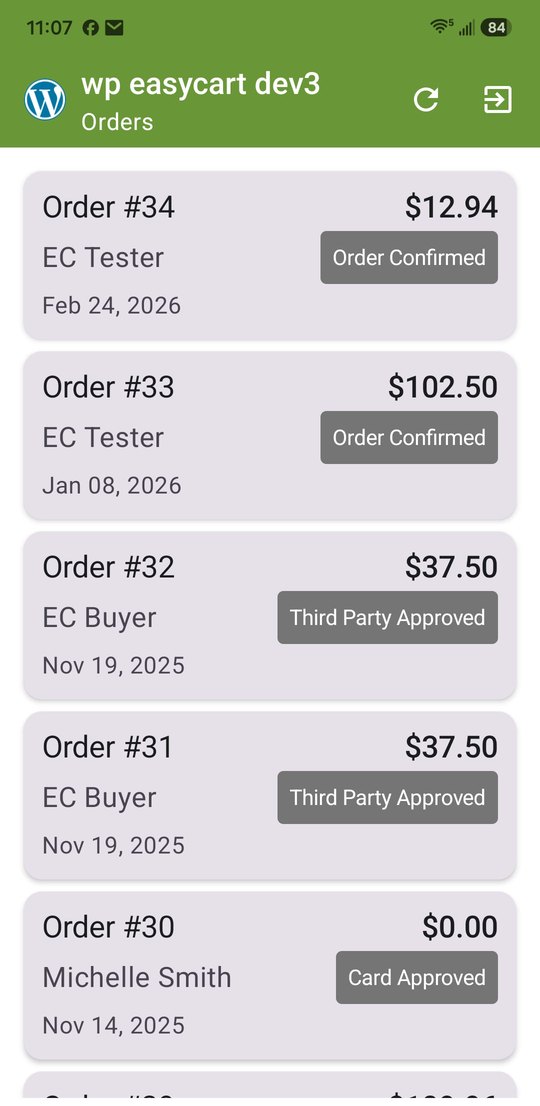 WP EasyCart app orders list