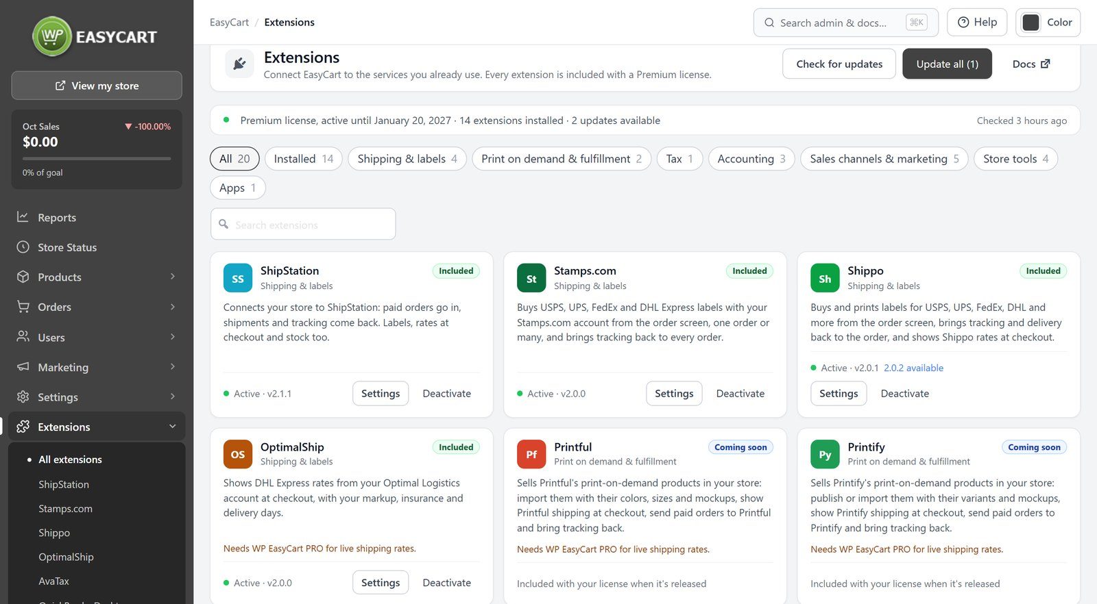 EasyCart Extensions screen with Premium extensions included