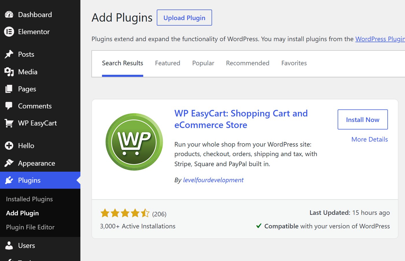 WordPress Add Plugins screen with WP EasyCart in the search results