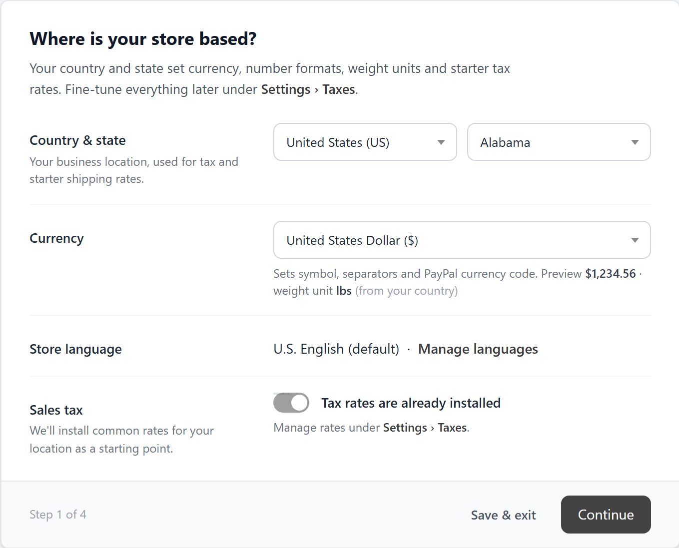 WP EasyCart setup wizard, step 1: where is your store based